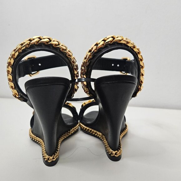Giuseppe Zanotti Black Leather Chain Link Detail Wedge Sandals Sz 4 US / 34 EUR - Picture 5 of 9